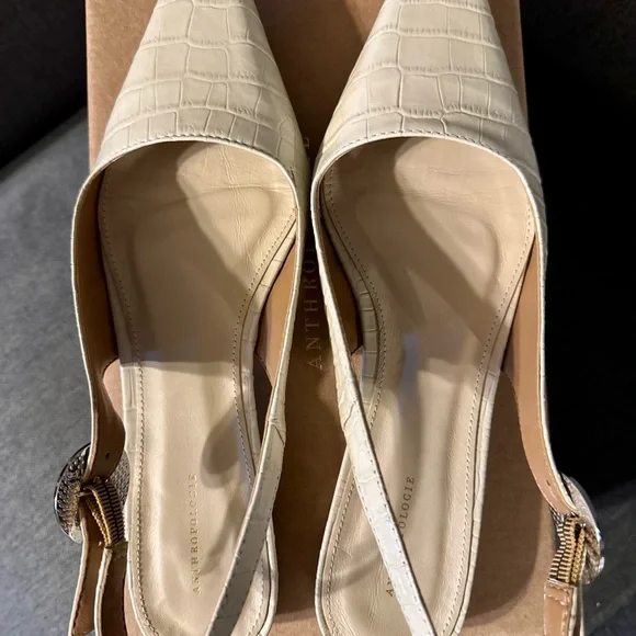 Anthropologie Cream Textured Slingback Heels - Picture 2 of 5